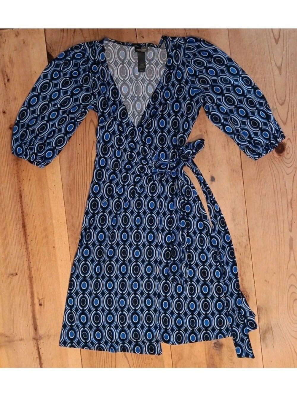 Bisou Bisou Michele Bohbet Womens 4 A Line Wrap Dress Puff Sleeve Blue Geometric